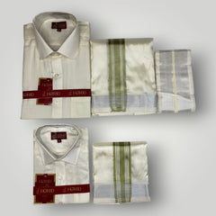 Horad Premium Art Silk Dad and Son Cream Shirt + Cream with FIR.Green+Silver Border Dhoti + Angavastram