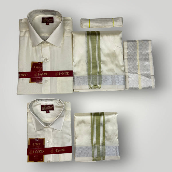 Horad Premium Art Silk Dad and Son Cream Shirt + Cream with FIR.Green+Silver Border Dhoti + Angavastram + Belt