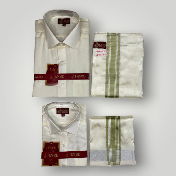 Horad Premium Art Silk Dad and Son Cream Shirt + Cream with FIR.Green+Silver Border Welcro Dhoti