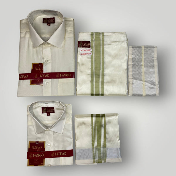 Horad Premium Art Silk Dad and Son Cream Shirt + Cream with FIR.Green+Silver Border Welcro Dhoti + Angavastram