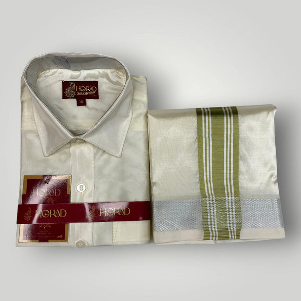 Horad Premium Art Silk Dad and Son Cream Shirt + Cream with FIR.Green+Silver Border Welcro Dhoti