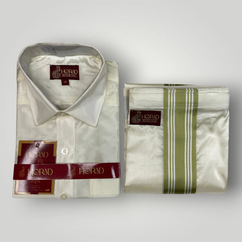 Horad Premium Art Silk Dad and Son Cream Shirt + Cream with FIR.Green+Silver Border Dhoti + Angavastram