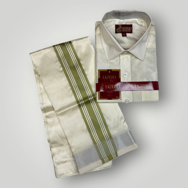 Horad Premium Art Silk Dad and Son Cream Shirt + Cream with FIR.Green+Silver Border Welcro Dhoti