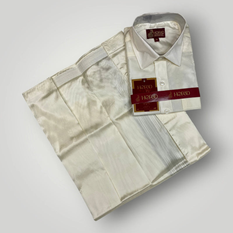 Horad Premium Art Silk Dad and Son Cream Shirt + Cream with FIR.Green+Silver Border Welcro Dhoti