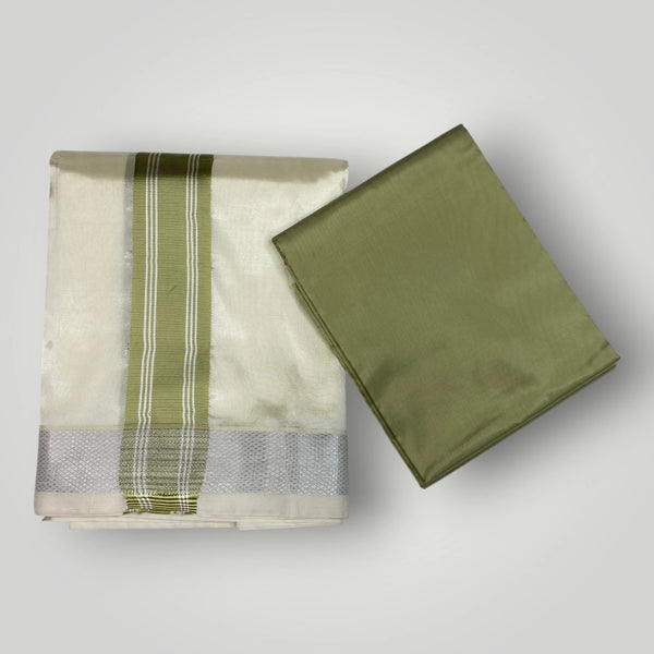 HORAD Premium Art Silk Cream with FIR.Green+Silver Border Dhoti with FIR.Green Shirt Material