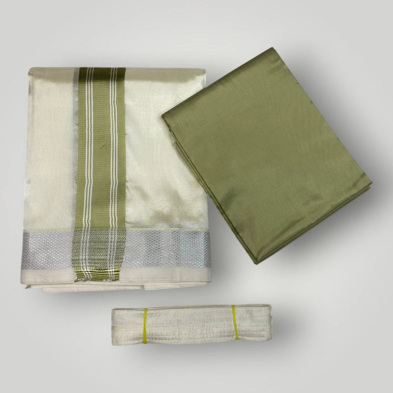 HORAD Premium Art Silk Cream with FIR.Green+Silver Border Dhoti with FIR.Green Shirt Material + Belt