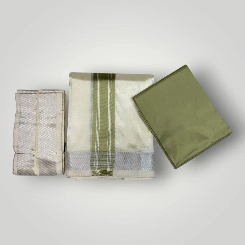 HORAD Premium Art Silk Cream with FIR.Green+Silver Border Dhoti with FIR.Green Shirt Material + Angavastram