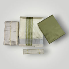 HORAD Premium Art Silk Cream with FIR.Green+Silver Border Dhoti with FIR.Green Shirt Material + Angavastram + Belt