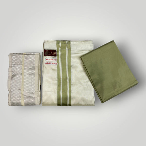 HORAD Premium Art Silk Cream with FIR.Green+Silver Border Welcro Dhoti with FIR.Green Shirt Material + Angavastram
