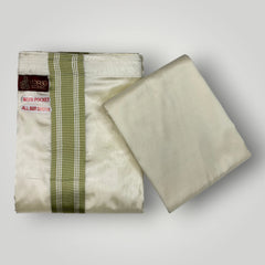 HORAD Premium Art Silk Cream with FIR.Green+Silver Border Welcro Dhoti with Cream Shirt Material