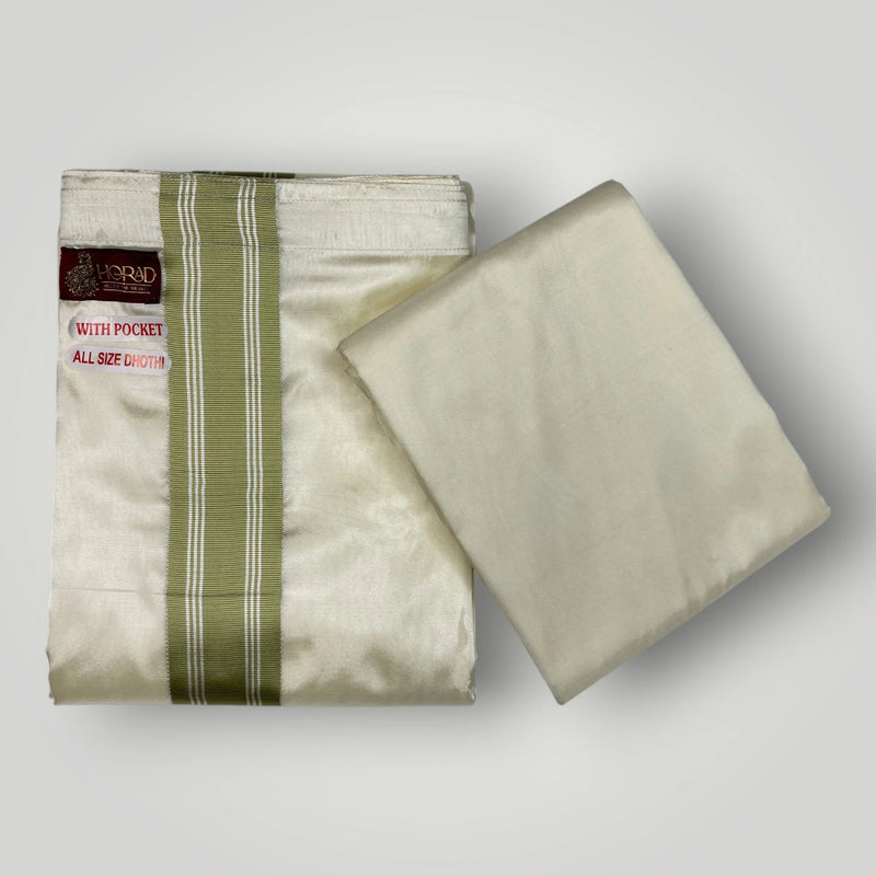 HORAD Premium Art Silk Cream with FIR.Green+Silver Border Welcro Dhoti with Cream Shirt Material