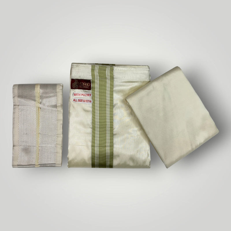 HORAD Premium Art Silk Cream with FIR.Green+Silver Border Welcro Dhoti with Cream Shirt Material + Angavastram