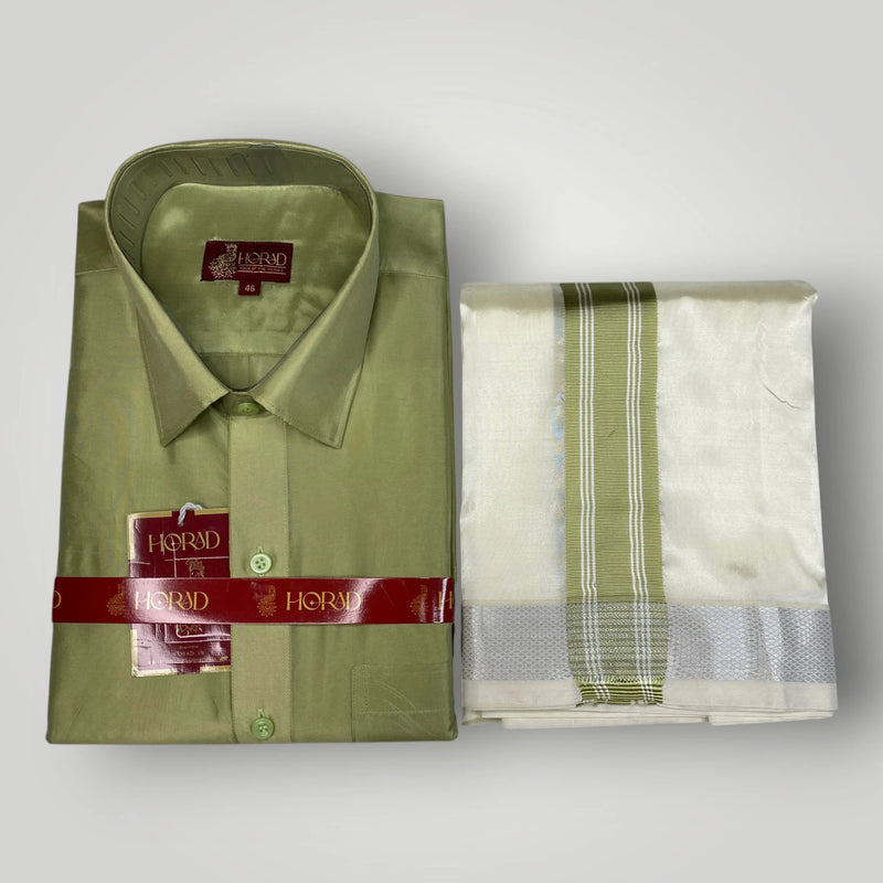 Horad Premium Art Silk FIR.Green Shirt + Cream with FIR.Green+Silver Border Dhoti
