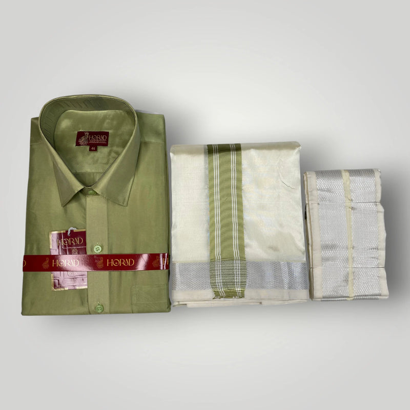 Horad Premium Art Silk FIR.Green Shirt + Cream with FIR.Green+Silver Border Dhoti + Angavastram