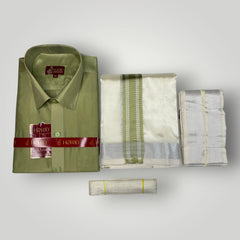 Horad Premium Art Silk FIR.Green Shirt + Cream with FIR.Green+Silver Border Dhoti + Angavastram + Belt