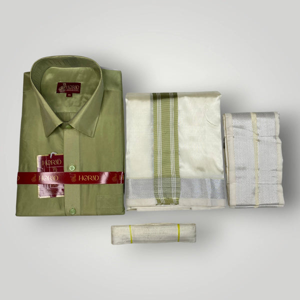 Horad Premium Art Silk FIR.Green Shirt + Cream with FIR.Green+Silver Border Dhoti + Angavastram + Belt