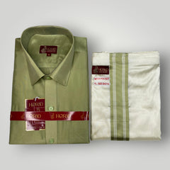 Horad Premium Art Silk FIR.Green Shirt + Cream with FIR.Green+Silver Border Welcro Dhoti