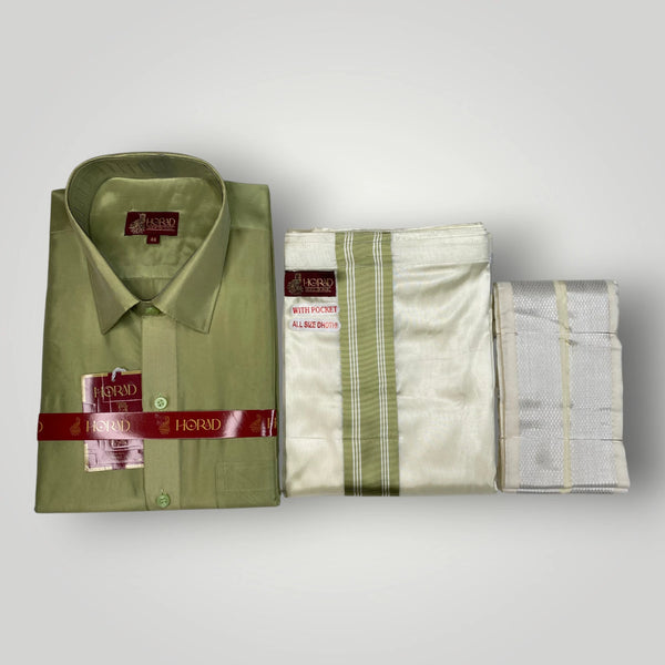 Horad Premium Art Silk FIR.Green Shirt + Cream with FIR.Green+Silver Border Welcro Dhoti + Angavastram