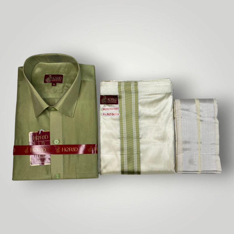 Horad Premium Art Silk FIR.Green Shirt + Cream with FIR.Green+Silver Border Welcro Dhoti + Angavastram