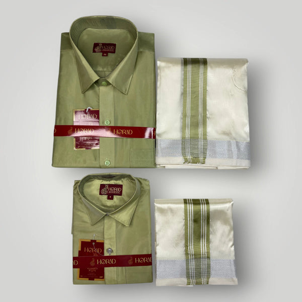 Horad Premium Art Silk Dad and Son FIR.Green Shirt + Cream with FIR.Green+Silver Border Dhoti