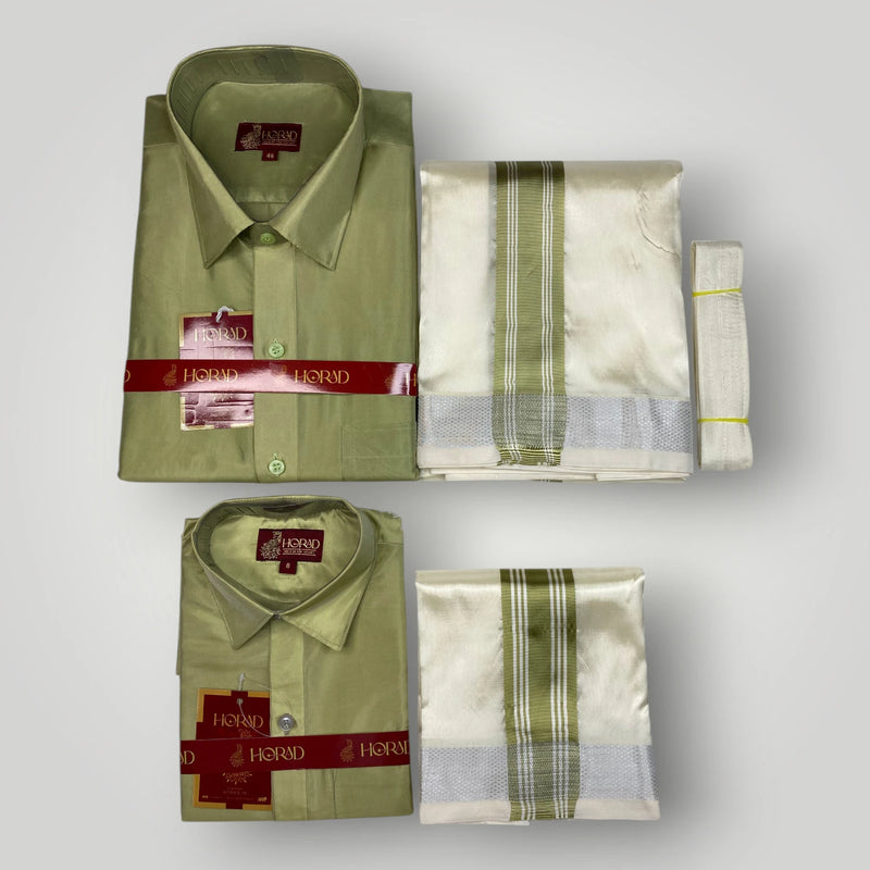 Horad Premium Art Silk Dad and Son FIR.Green Shirt + Cream with FIR.Green+Silver Border Dhoti + Belt