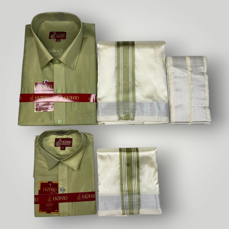 Horad Premium Art Silk Dad and Son FIR.Green Shirt + Cream with FIR.Green+Silver Border Dhoti + Angavastram