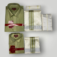 Horad Premium Art Silk Dad and Son FIR.Green Shirt + Cream with FIR.Green+Silver Border Dhoti + Angavastram + Belt