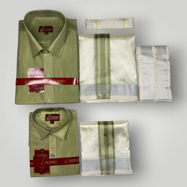 Horad Premium Art Silk Dad and Son FIR.Green Shirt + Cream with FIR.Green+Silver Border Dhoti + Angavastram + Belt