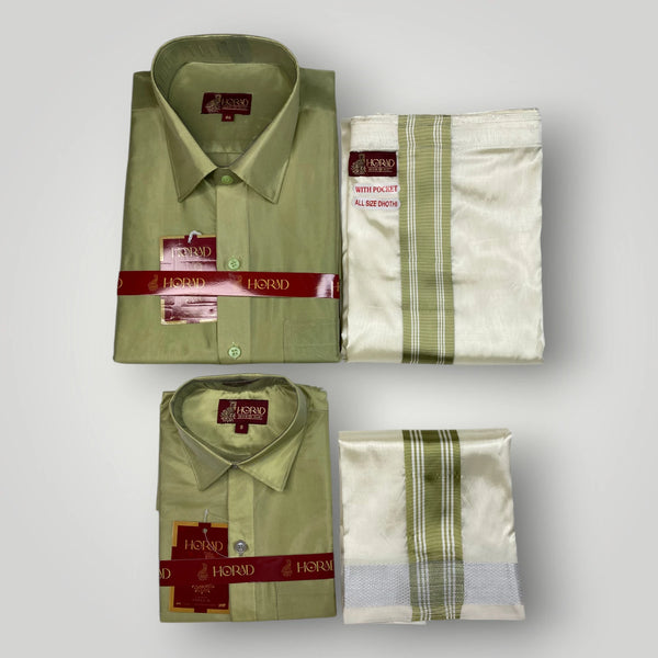 Horad Premium Art Silk Dad and Son FIR.Green Shirt + Cream with FIR.Green+Silver Border Welcro Dhoti
