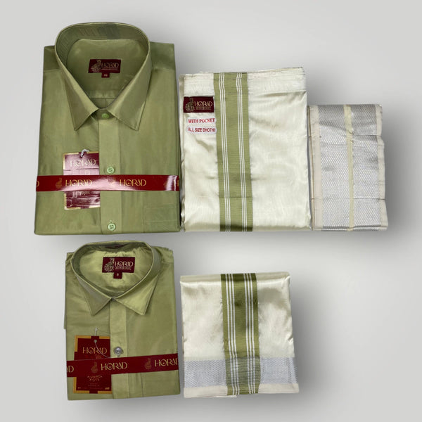 Horad Premium Art Silk Dad and Son FIR.Green Shirt + Cream with FIR.Green+Silver Border Welcro Dhoti + Angavastram