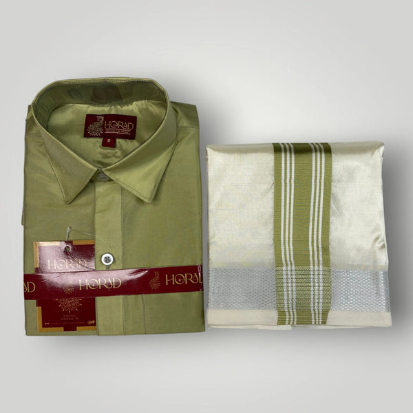 Horad Premium Art Silk Dad and Son FIR.Green Shirt + Cream with FIR.Green+Silver Border Welcro Dhoti