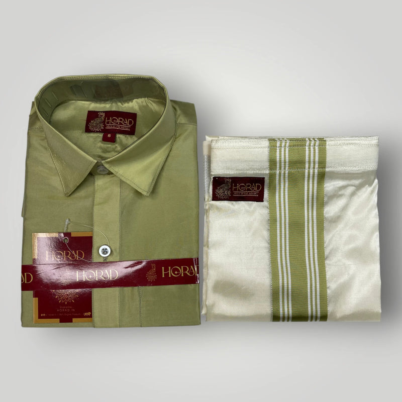 Horad Premium Art Silk Cream with FIR.Green+Silver Border Kids Set