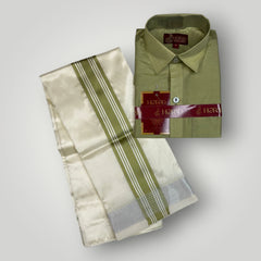 Horad Premium Art Silk Dad and Son FIR.Green Shirt + Cream with FIR.Green+Silver Border Dhoti + Angavastram + Belt