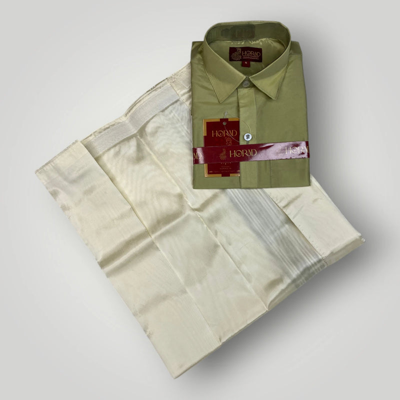 Horad Premium Art Silk Dad and Son FIR.Green Shirt + Cream with FIR.Green+Silver Border Welcro Dhoti + Angavastram