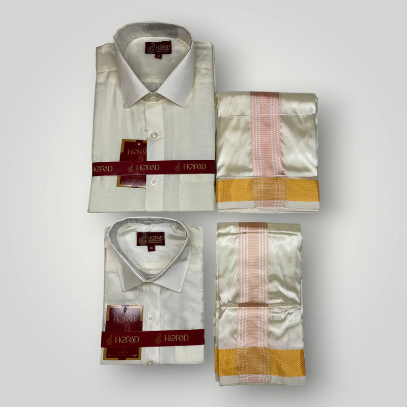 Horad Premium Art Silk Dad and Son Cream Shirt + Cream with RoseGold+Gold Border Dhoti