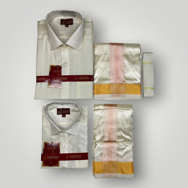 Horad Premium Art Silk Dad and Son Cream Shirt + Cream with RoseGold+Gold Border Dhoti + Belt