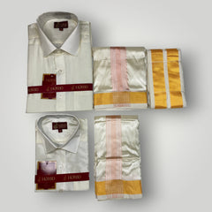 Horad Premium Art Silk Dad and Son Cream Shirt + Cream with RoseGold+Gold Border Dhoti + Angavastram