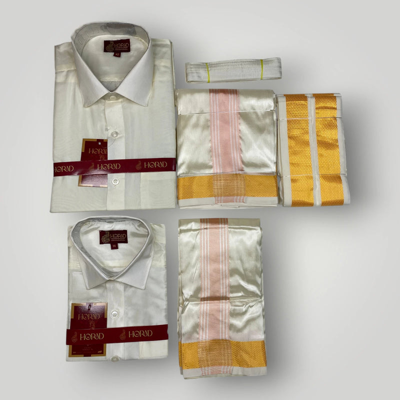 Horad Premium Art Silk Dad and Son Cream Shirt + Cream with RoseGold+Gold Border Dhoti + Angavastram + Belt