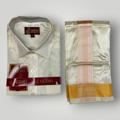 Horad Premium Art Silk Dad and Son Cream Shirt + Cream with RoseGold+Gold Border Dhoti + Belt