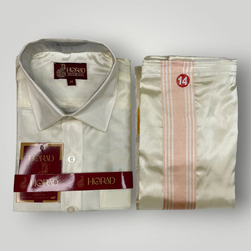 Horad Premium Art Silk Dad and Son Cream Shirt + Cream with RoseGold+Gold Border Dhoti + Angavastram + Belt