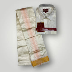 Horad Premium Art Silk Dad and Son Cream Shirt + Cream with RoseGold+Gold Border Dhoti + Belt