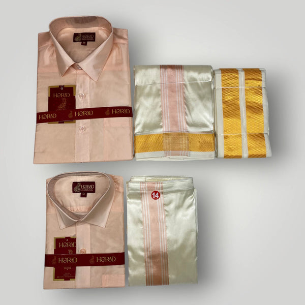 Horad Premium Art Silk Dad and Son RoseGold Shirt + Cream with RoseGold+Gold Border Dhoti + Angavastram