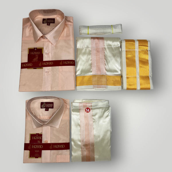Horad Premium Art Silk Dad and Son RoseGold Shirt + Cream with RoseGold+Gold Border Dhoti + Angavastram + Belt