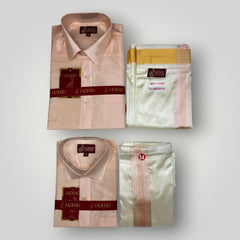 Horad Premium Art Silk Dad and Son RoseGold Shirt + Cream with RoseGold+Gold Border Welcro Dhoti