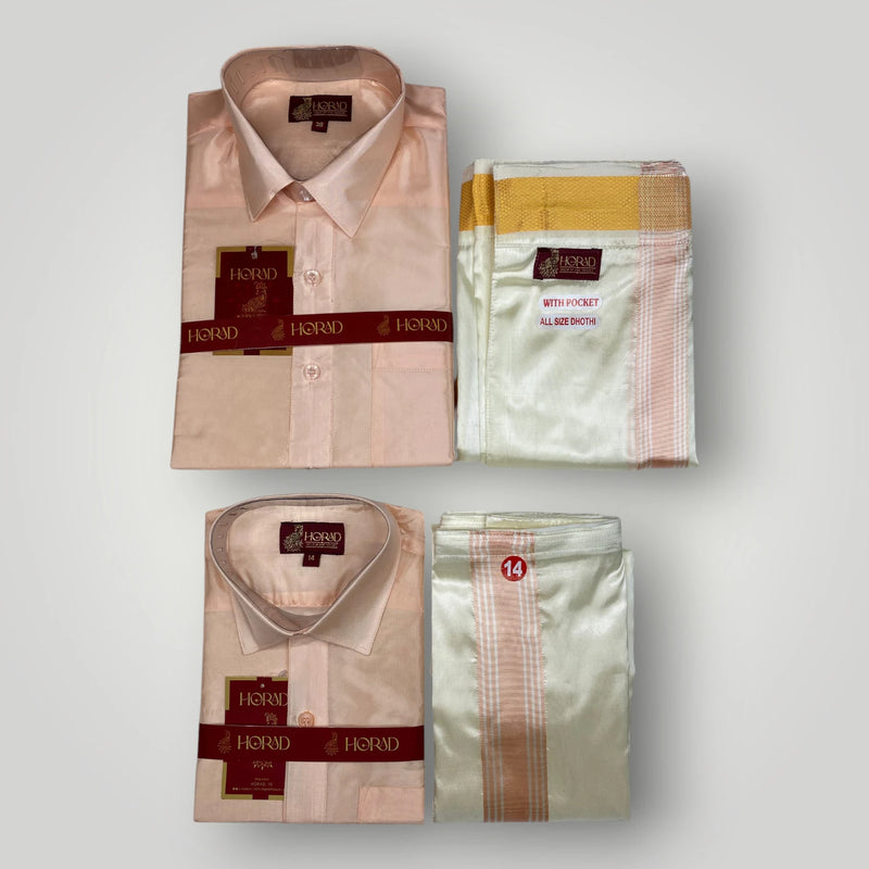 Horad Premium Art Silk Dad and Son RoseGold Shirt + Cream with RoseGold+Gold Border Welcro Dhoti