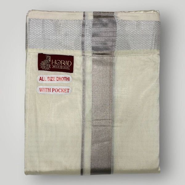 Horad Premium Art Silk Dad and Son Sandstone Shirt + Cream with Silver Welcro Dhoti + Angavastram