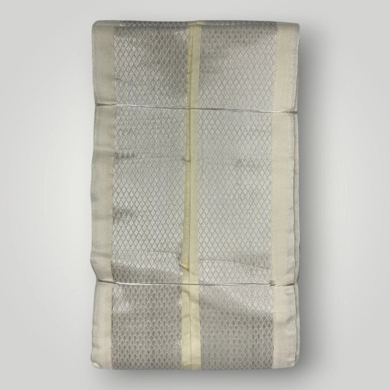 HORAD Premium Art Silk Cream with Rose Gold+Silver Border Dhoti + Angavastram