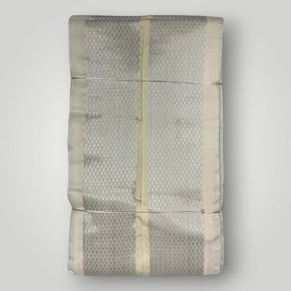 Horad Premium Art Silk Cream Shirt +Cream with Lavender + Silver Border Dhoti + Angavastram