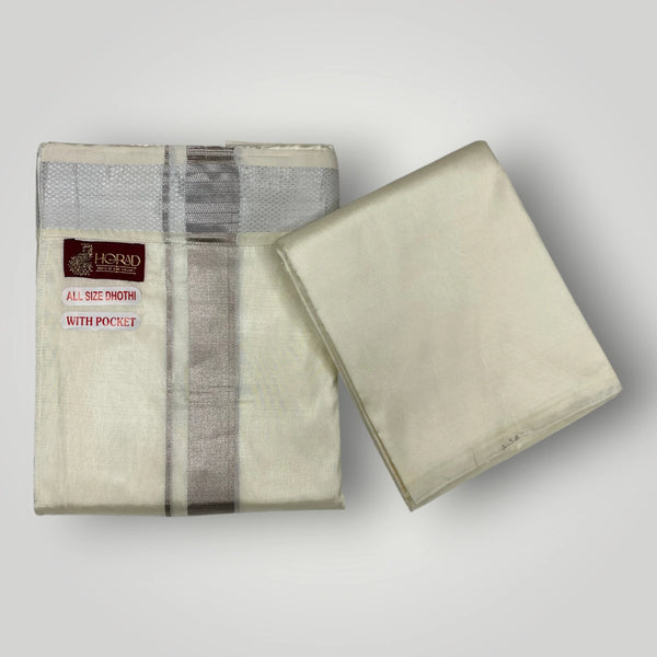 HORAD Premium Art Silk Cream With Silver Zari  Welcro Dhoti with Shirt Material