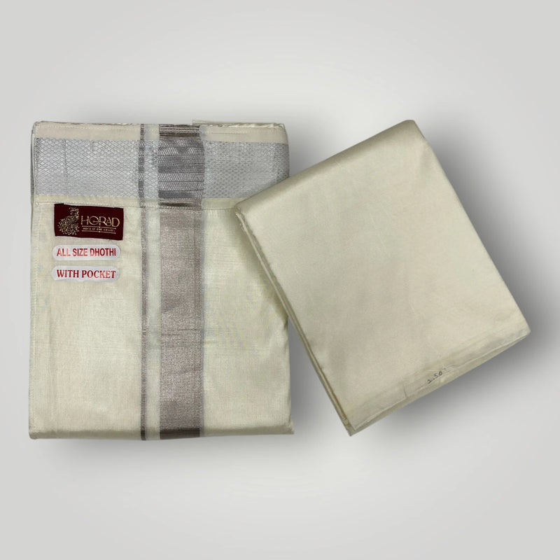 HORAD Premium Art Silk Cream With Silver Zari  Welcro Dhoti with Shirt Material